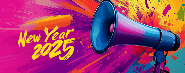 Megaphone is set against a vibrant, music festival background with New Year 2025 in a bold, energetic font