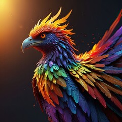 Fototapeta premium Colorful tropical macaw with a long beak soars through the sky, its vibrant feathers contrasting against the deep blue