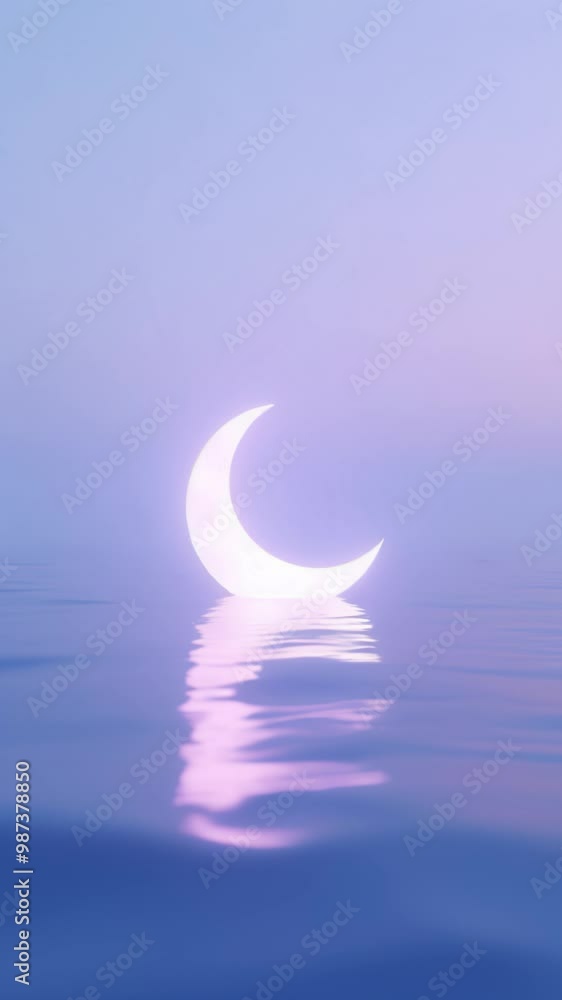 Aufkleber a serene, surreal scene of a glowing crescent moon emerging from a calm, reflective ocean