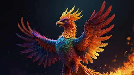 Obraz premium Colorful tropical macaw with a long beak soars through the sky, its vibrant feathers contrasting against the deep blue