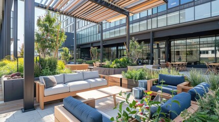 A modern and eco-friendly office with a rooftop terrace and outdoor meeting spaces