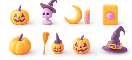 3D icons set of Halloween decoration items