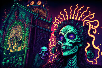 Leuchtende Skelett-Figur vor gotischem Turm &ndash; Fantasievolle Nachtkunst - Ai-Ki generiert