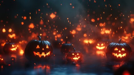 Fototapeta premium 3D Halloween pumpkins scattered across a dark, misty background, with eerie glowing light emanating from within.