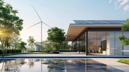 A modern and eco-friendly renewable energy company office with solar panels and wind turbines