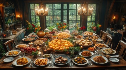Fototapeta premium A grand rustic dining table lavishly adorned with an extravagant assortment of various delicious foods and colorful assortments set against a scenic background