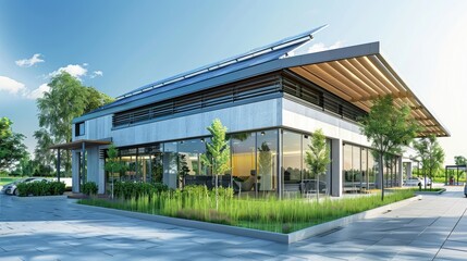 Obraz premium A modern and eco-friendly renewable energy company office with solar panels and satisfied clients