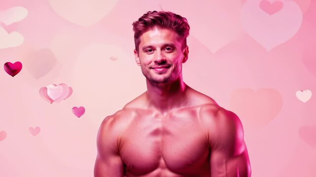 Romantic Smiling Muscular Handsome Caucasian Man posing shirtless in Pink Lighting with Hearts Background. Concept of love, passion, Valentine's Day, romance, affection, Fitness, Emotions, confidence