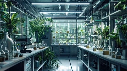 A modern and eco-friendly research and development laboratory with advanced equipment and scientists