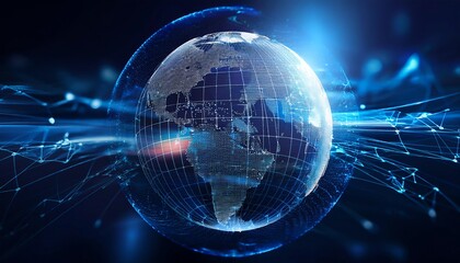 Obraz premium A digital globe surrounded by glowing data connections and light trails, symbolizing technology, networking, and global communication.