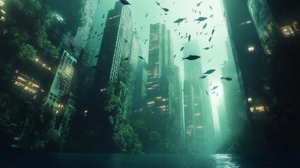 Naklejka premium Underwater city with floating fish