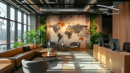 A modern and eco-friendly shipping company office with maps and satisfied clients