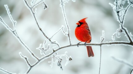 A bright red cardinal bird standing out against the white frost and snow on a tree branch.
