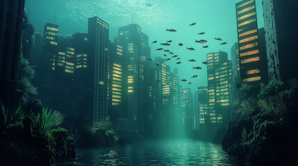 Naklejka premium Underwater city with floating fish