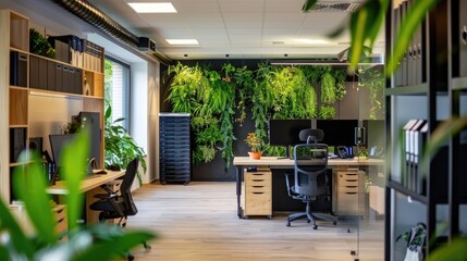 A modern and eco-friendly web hosting company office with servers and satisfied customers