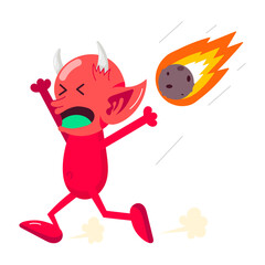 Devil running from meteor, a comic style sticker 

