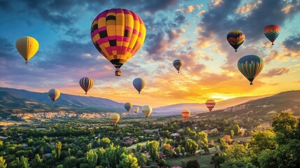 Obraz premium A breathtaking view of hot air balloons launching over a scenic landscape, with vibrant colors filling the sky
