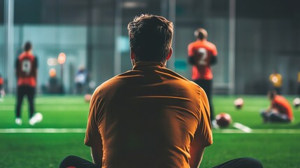 A man sits on the sideline watching a soccer game.
