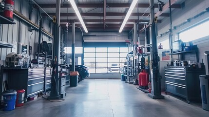 Fototapeta premium A professional and organized auto repair shop with skilled mechanics and satisfied customers
