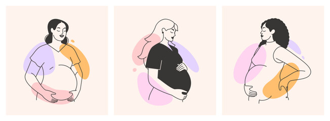 Pregnant woman expecting a baby. Pregnancy, maternity, motherhood concept. Prenatal care and health. Set of illustrations. Happy healthy mother touching belly. Isolated hand drawn flat vector