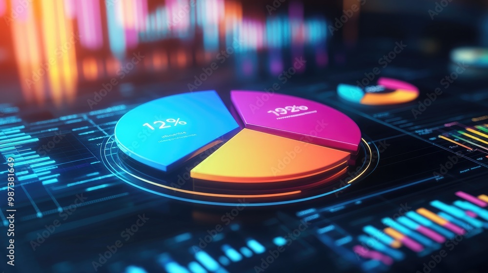 Poster a 3d pie chart floating above a digital financial dashboard, with vibrant segments representing diff