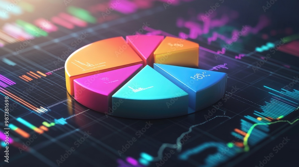 Poster a 3d pie chart floating above a digital financial dashboard, with vibrant segments representing diff
