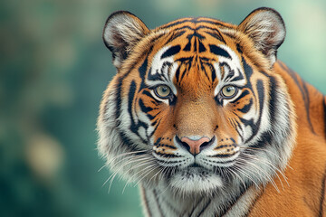 Fototapeta premium A majestic tiger poses gracefully against a blurred natural background captured at dawn