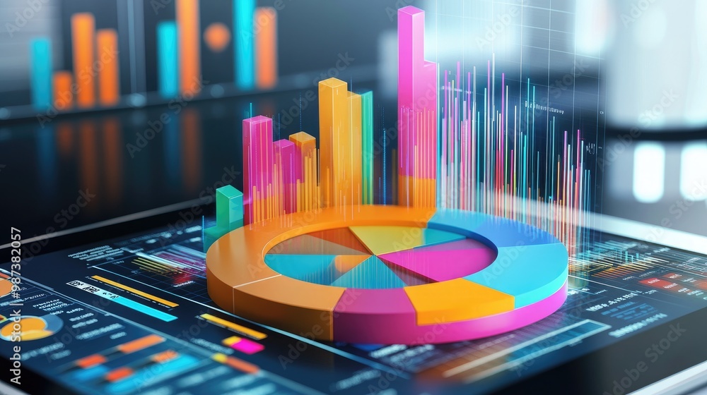 Poster a 3d pie chart with colorful sections rising from a tablet screen, symbolizing financial statistics 