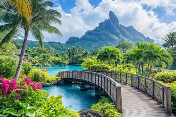 The French Polynesian island of Bora Bora is like a tropical paradise, with Mount Otemanu rising above a clear lagoon.