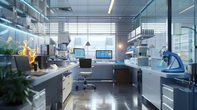 A professional and organized office with a synthetic biology lab and engineered organisms