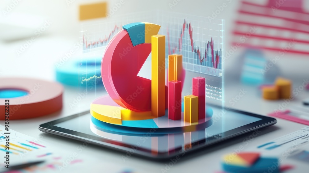 Poster a 3d pie chart with colorful sections rising from a tablet screen, symbolizing financial statistics 