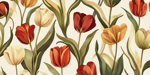 A beautiful floral pattern featuring tulips in various shades of red, orange, and cream. Ideal for backgrounds, textiles, or decorations. This design exudes warmth and charm. AI