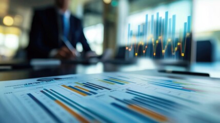A banking executive presenting a financial graph in a meeting room, with rising bars showing profit growth and data points highlighted for clarity
