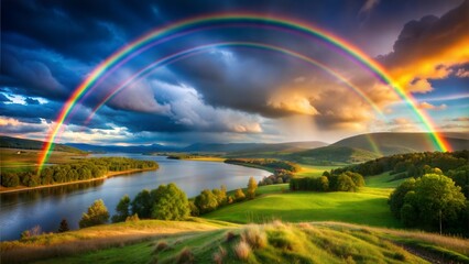 Naklejka premium Nature's Arc A Breathtaking Rainbow Over Serene Landscapes