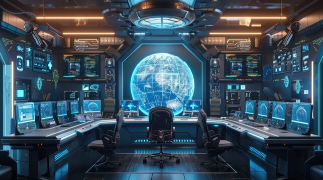 A professional and organized office with a quantum computing lab and advanced simulations