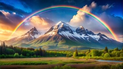 Obraz premium Nature's Arc A Breathtaking Rainbow Over Serene Landscapes