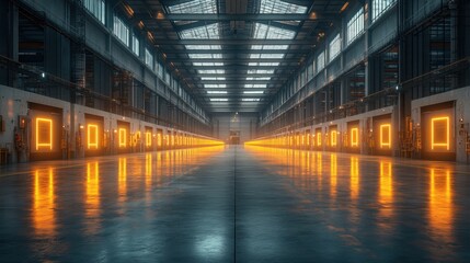 Obraz premium Glowing Doors in an Empty Industrial Warehouse