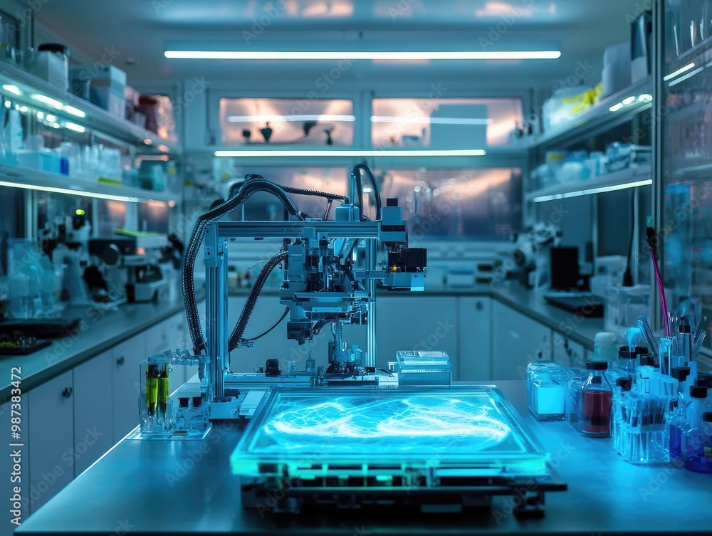 Aufkleber a futuristic bioprinting lab, where scientists are using 3d printers to create skin tissue for burn 