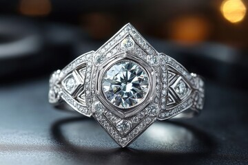 A glamorous art deco diamond ring with geometric shapes and sparkling diamonds, inspired by the 1920s