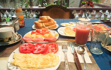 Delicious wholesome breakfast spread at cozy hotel, hostel stay or casa particular, served at garden courtyard - Trinidad Cuba