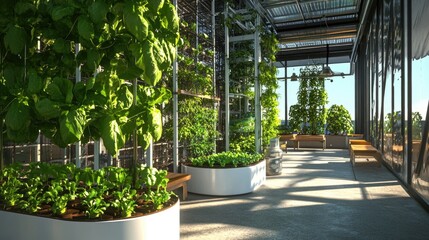 A hydroponic vegetable garden in an urban environment, with lush green vegetables growing in vertical systems indoors