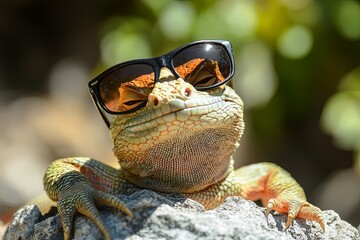 A cool reptile relaxing on a rock, wearing stylish black sunglasses amidst a vibrant green background.