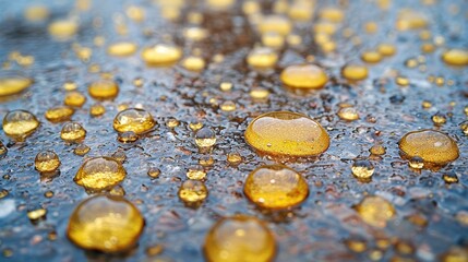 Macro photograph of several golden amber-colored water droplets on a textured, reflective surface, creating a mesmerizing pattern of light and reflections