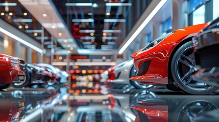 Obraz premium A sleek and modern car dealership with shiny vehicles and friendly salespeople