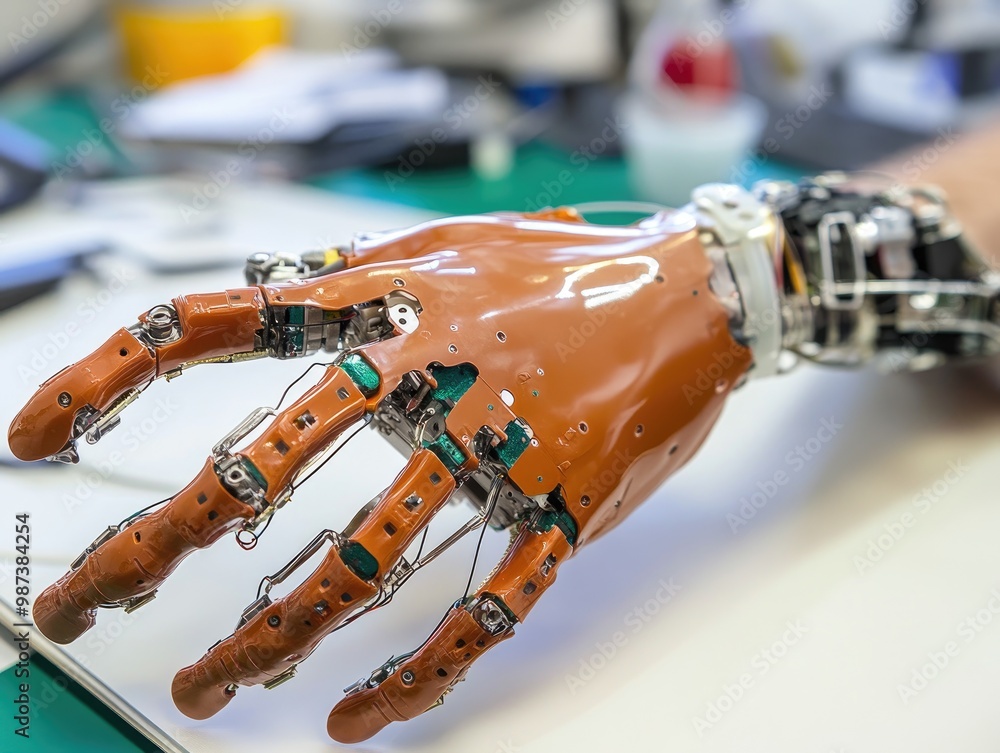 Poster a modern prosthetic limb being developed, showing its design and functionality with sensors and moto