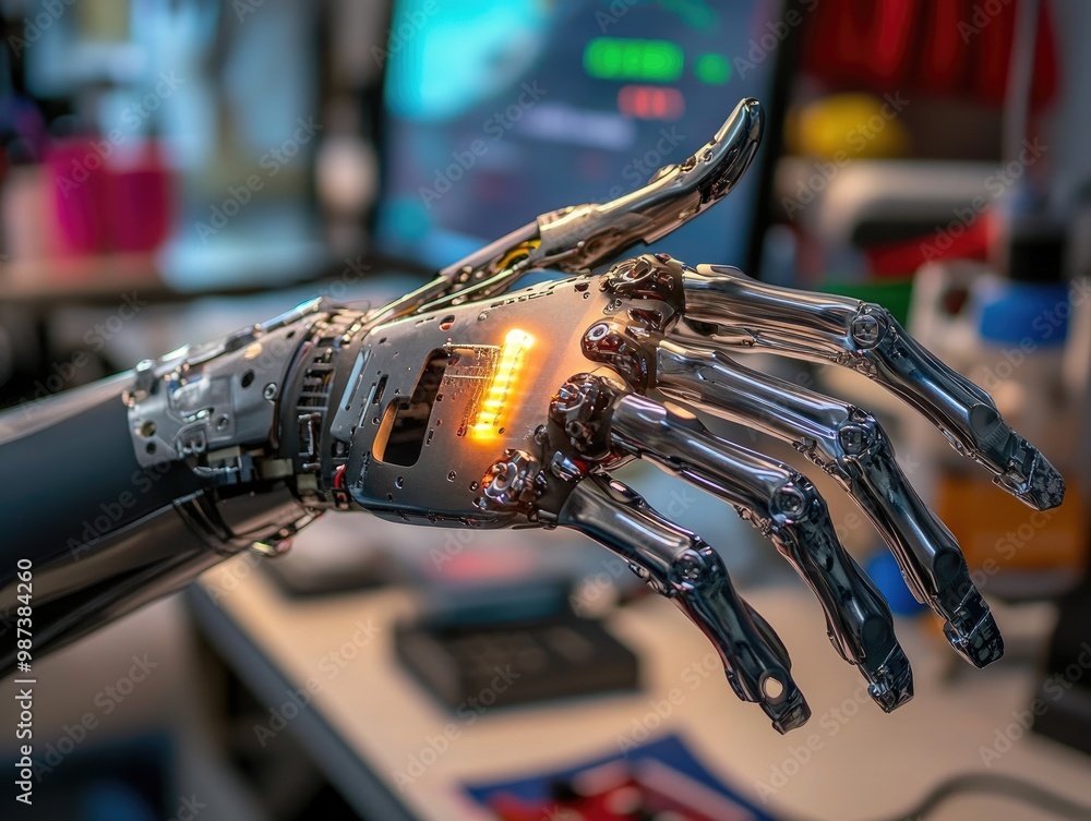 Poster a modern prosthetic limb being developed, showing its design and functionality with sensors and moto