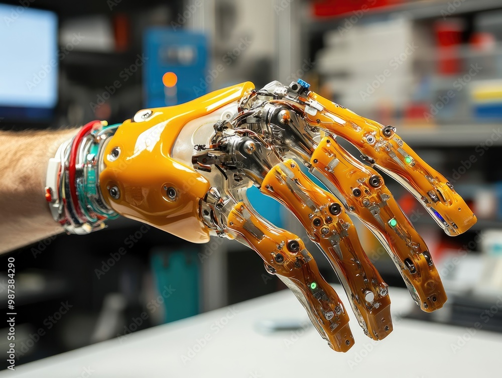Poster a modern prosthetic limb being developed, showing its design and functionality with sensors and moto