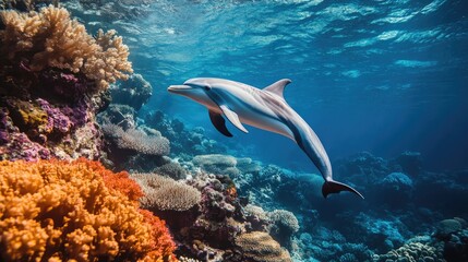 Fototapeta premium A breathtaking underwater shot of a dolphin swimming gracefully among coral reefs, highlighting the vibrant colors of marine life in its natural habitat