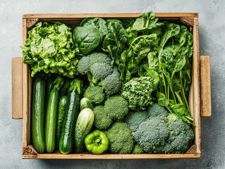 A selection of green vegetables including broccoli, spinach, and zucchini, neatly arranged in a wooden crate