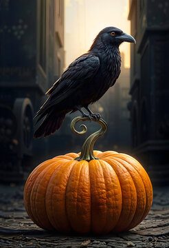 Black crow perched on a pumpkin stalk, Urban background